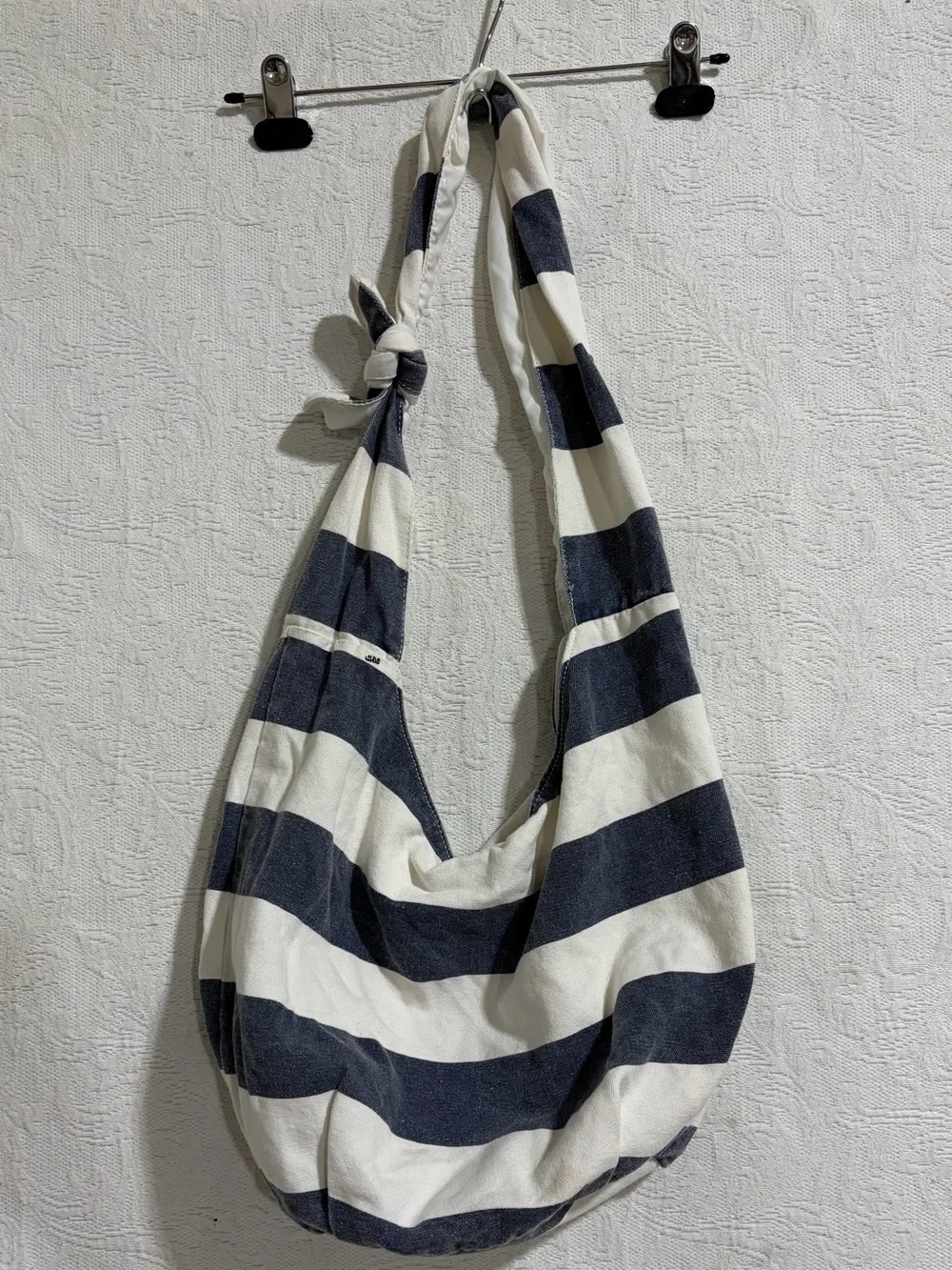Garage Navy Blue & White Striped Canvas Slouchy Hobo Bag